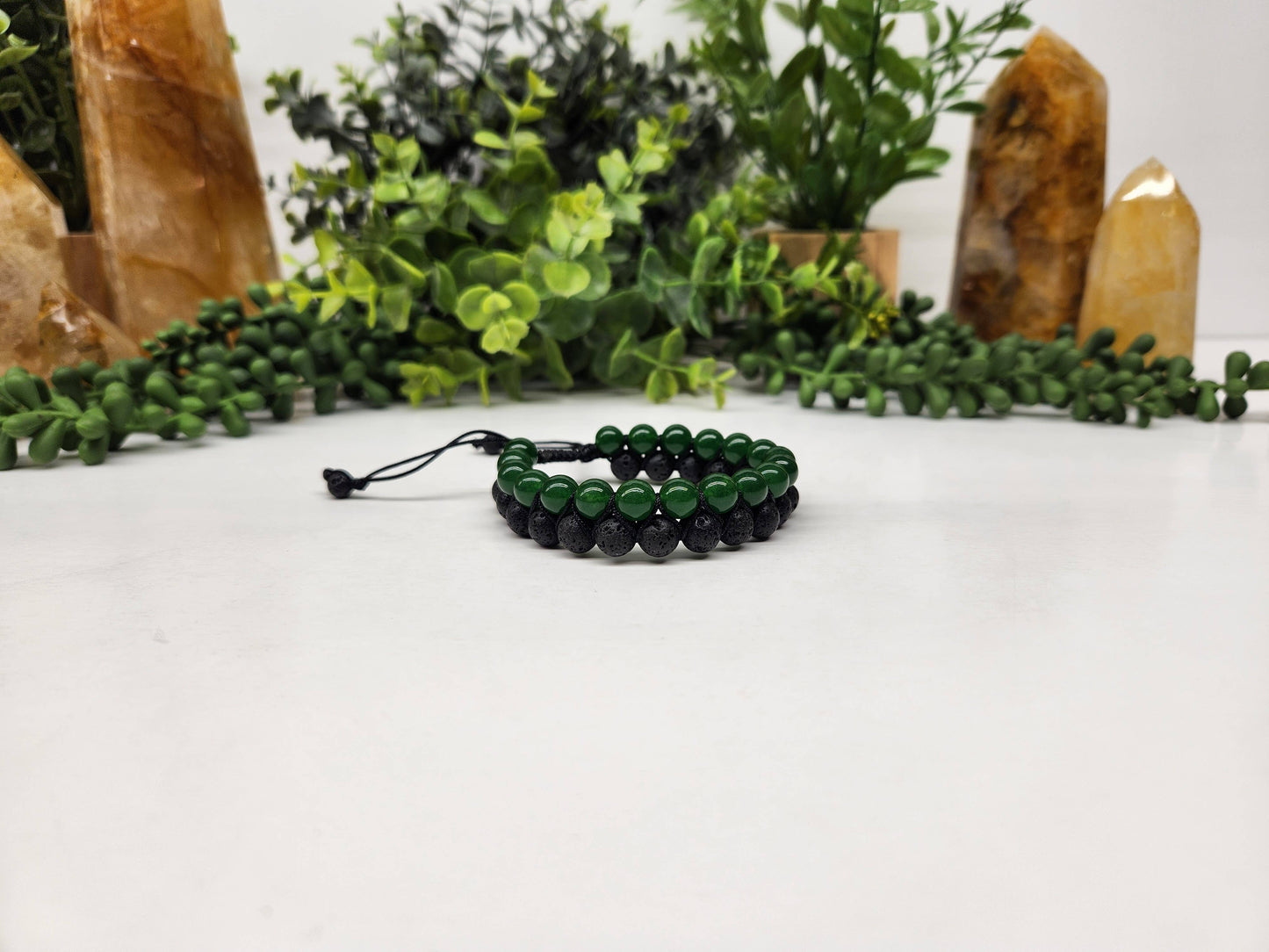 Jade (Green) with Black Lava Woven Adjustable 8mm Beads