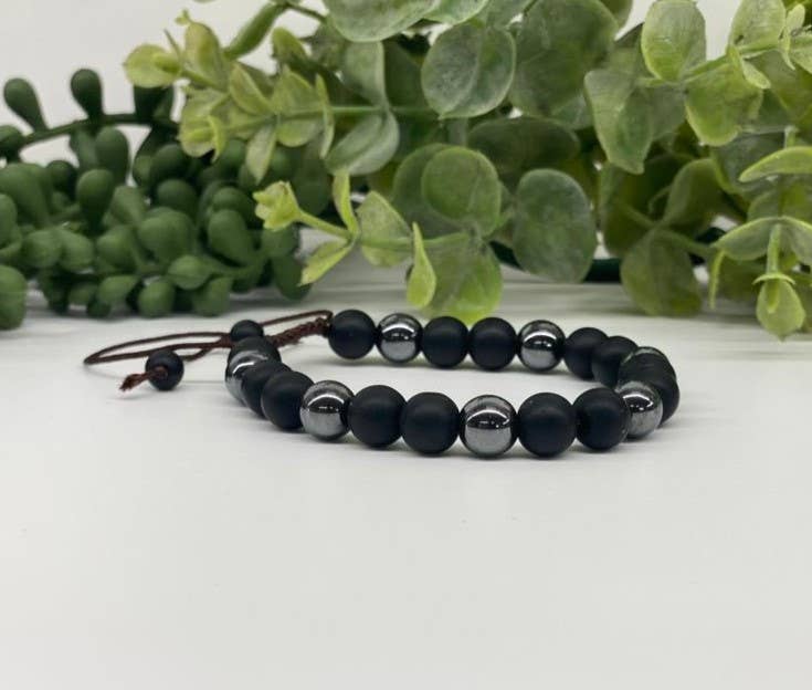 Black Obsidian-Matte and Hematite Adjustable Bracelet 8mm