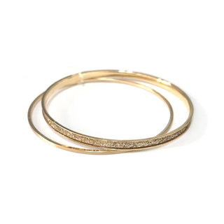 StarryNYC - 2 Pcs Metal Bangle Plain Flat & Glitter Bangle Set Bracelet: Silver/Hematite