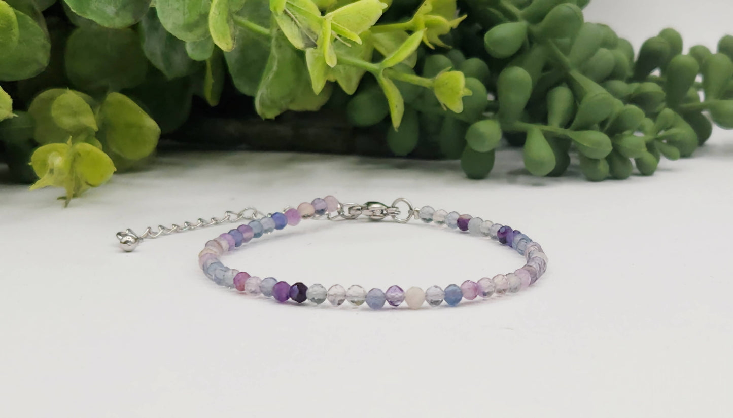 Rainbow Fluorite Bracelet Faceted 3MM w/Silver Color Clasp