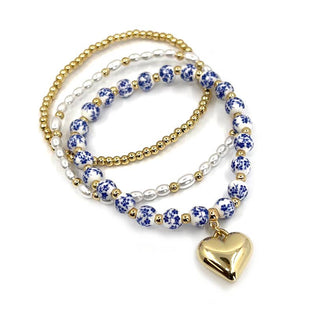 StarryNYC - 3 Line Bracelet Puffy Heart Charm Murano Glass Pearl & CCB : Blue