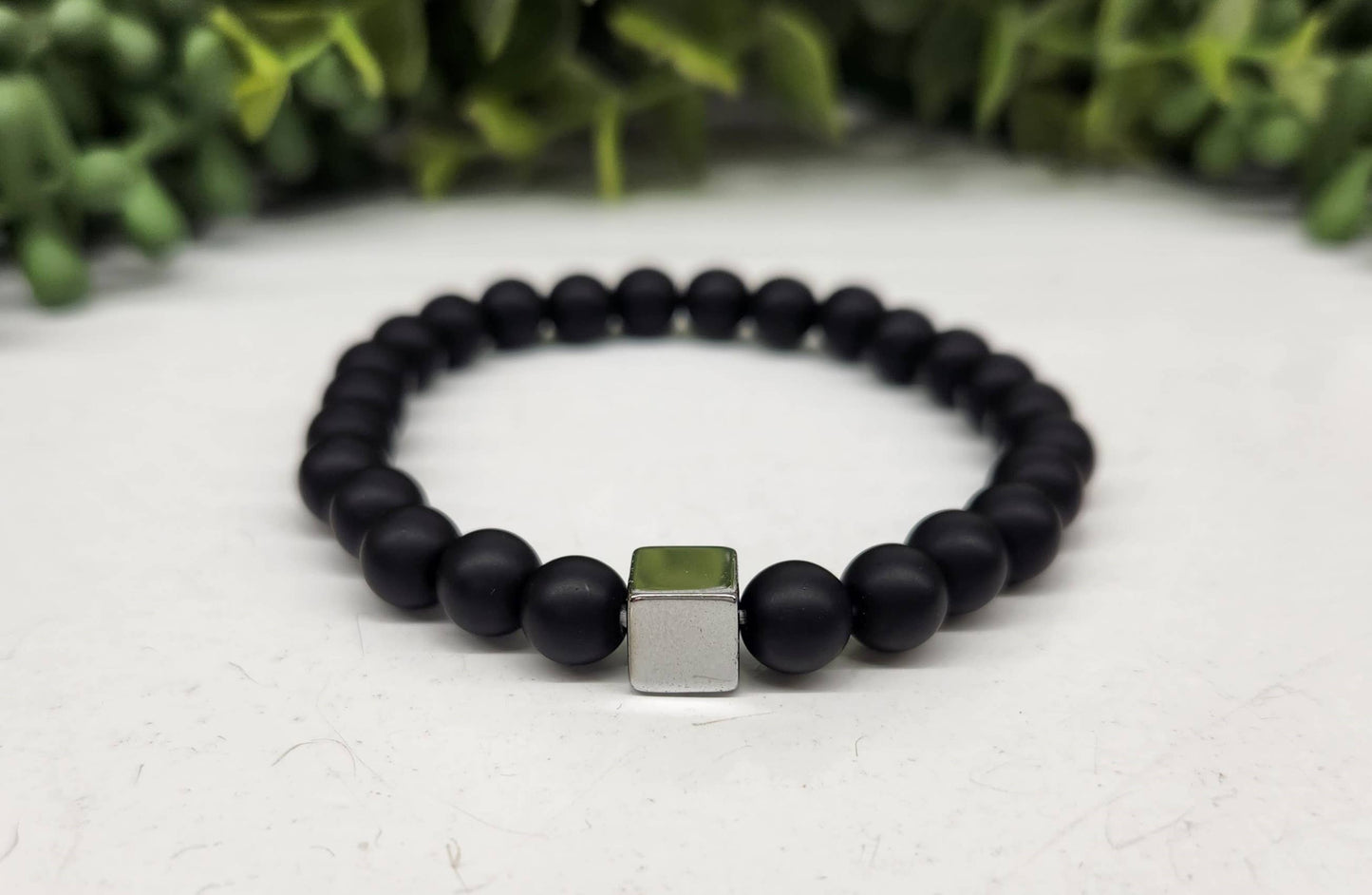 Black Obsidian-Matte w/Gun Metal Color Metal Cube, Bracelet