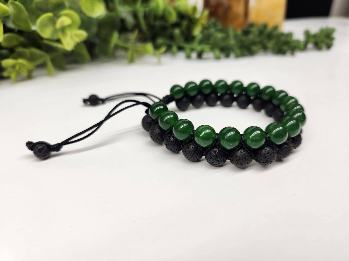 Jade (Green) with Black Lava Woven Adjustable 8mm Beads
