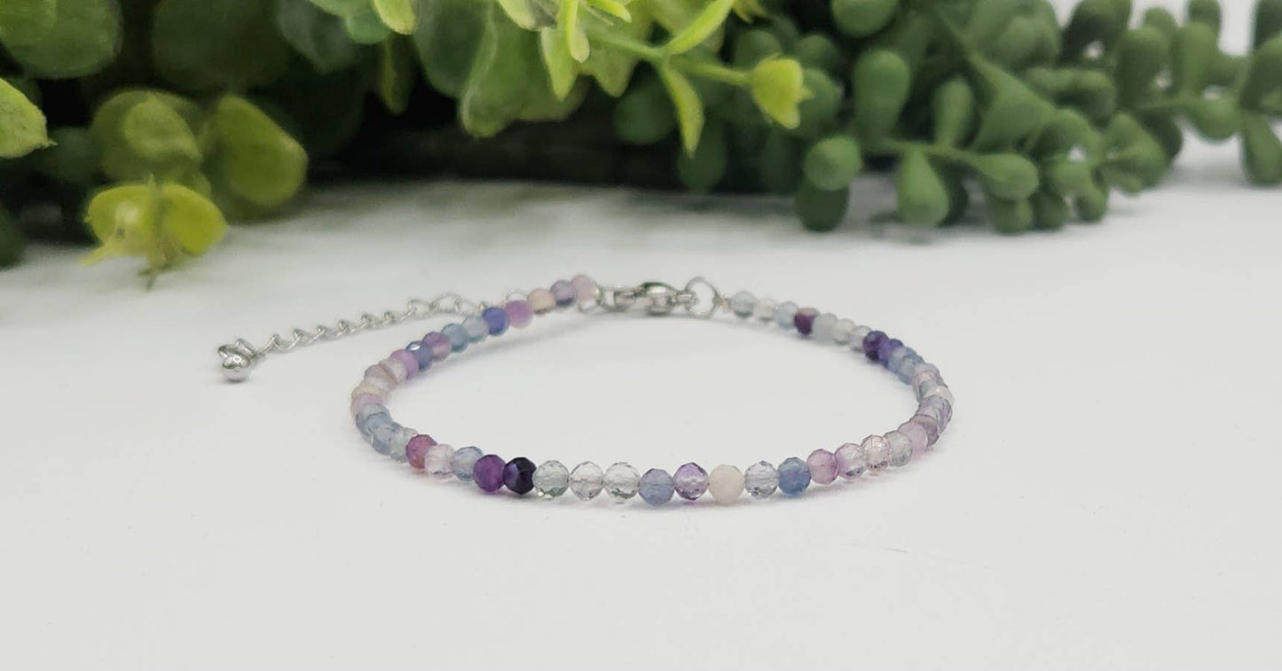 Rainbow Fluorite Bracelet Faceted 3MM w/Silver Color Clasp