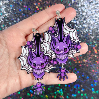 Spider Web Bats Halloween Dangle Earrings, Spooky & Cute