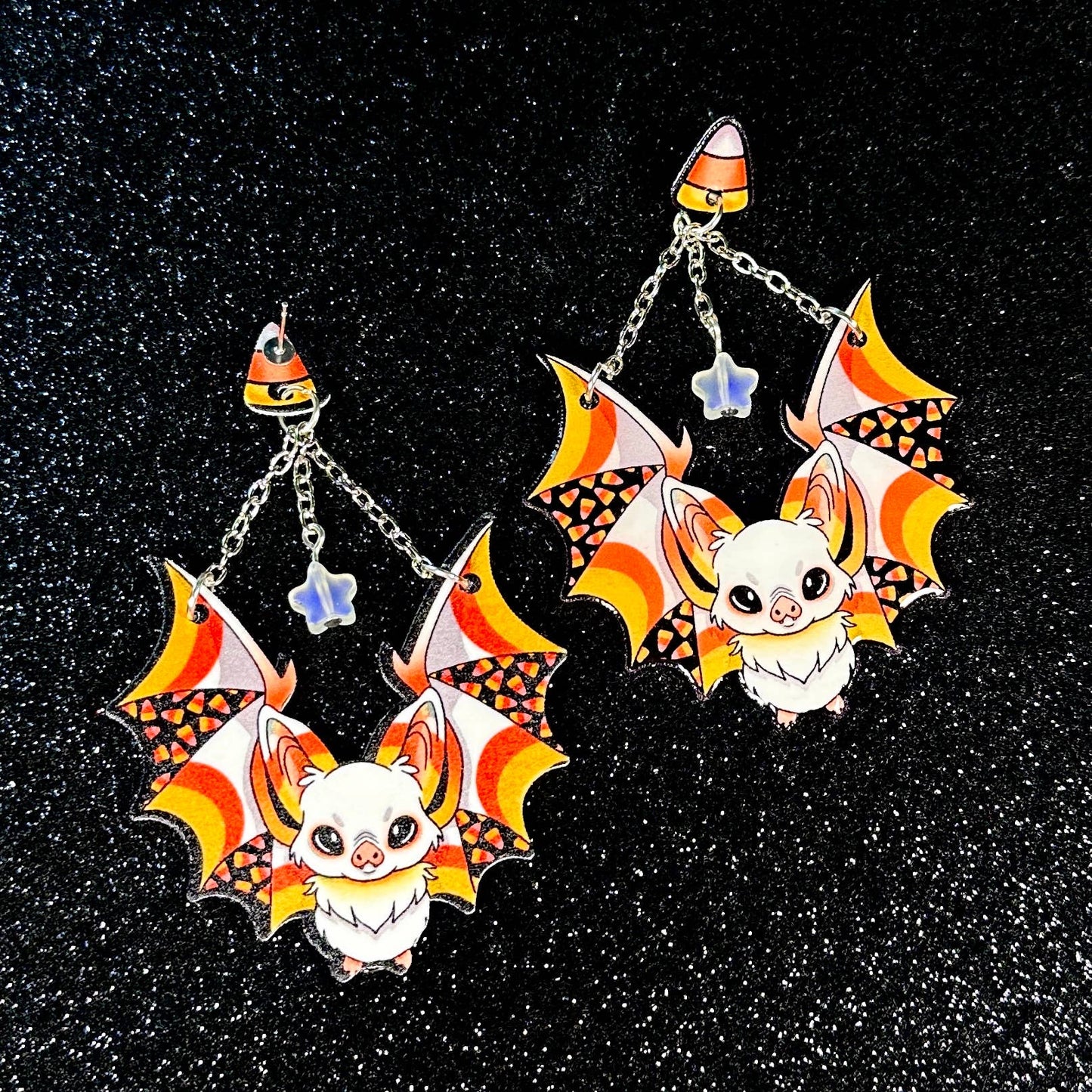 Sea Pixie Designs - Candy Corn Bats Halloween Dangle Earrings, Spooky & Cute
