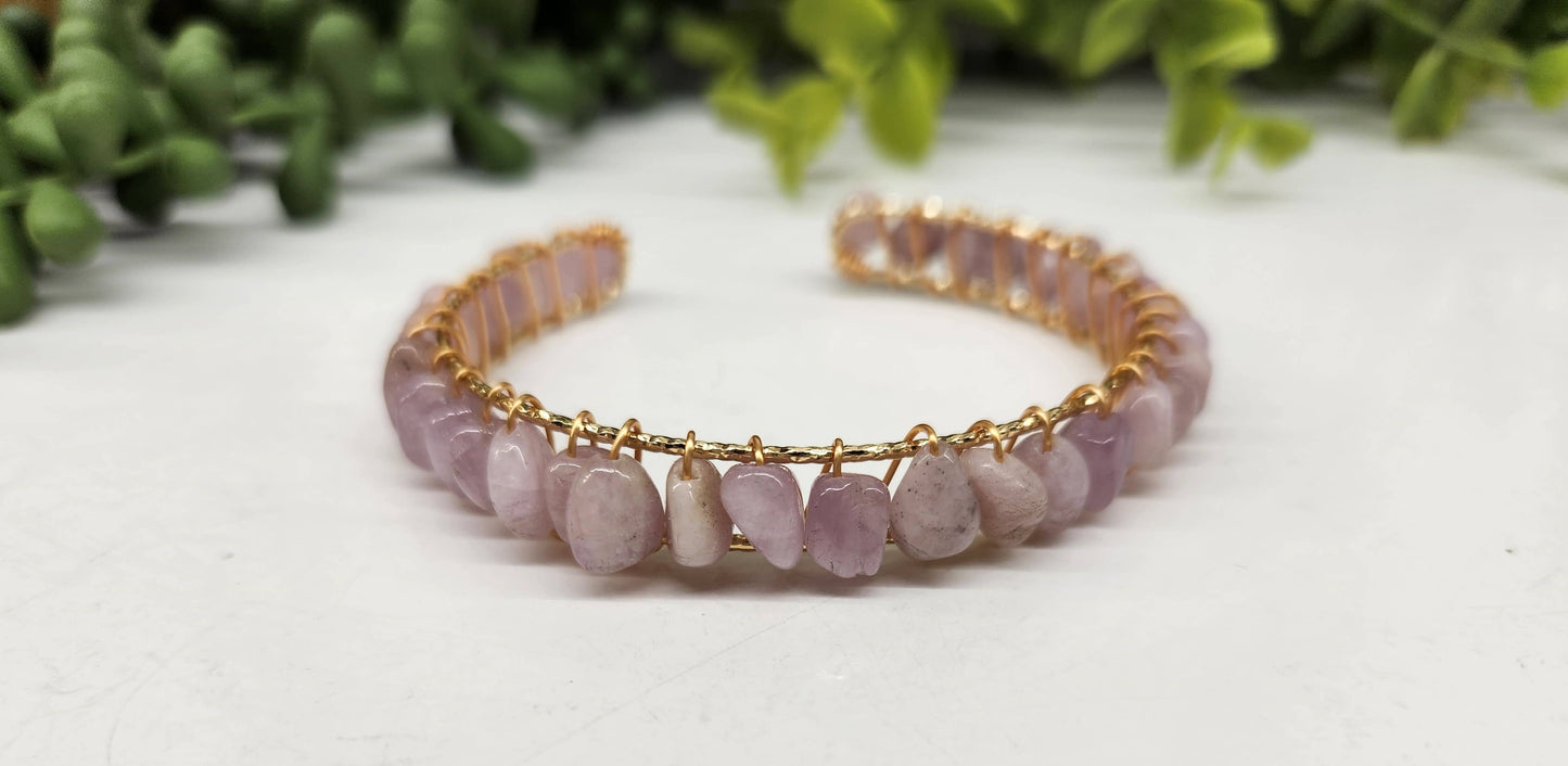 Kunzite Bangle/Cuff/Wire Wrapped Bracelet -18kt.Gold Overlay: WHITE GOLD