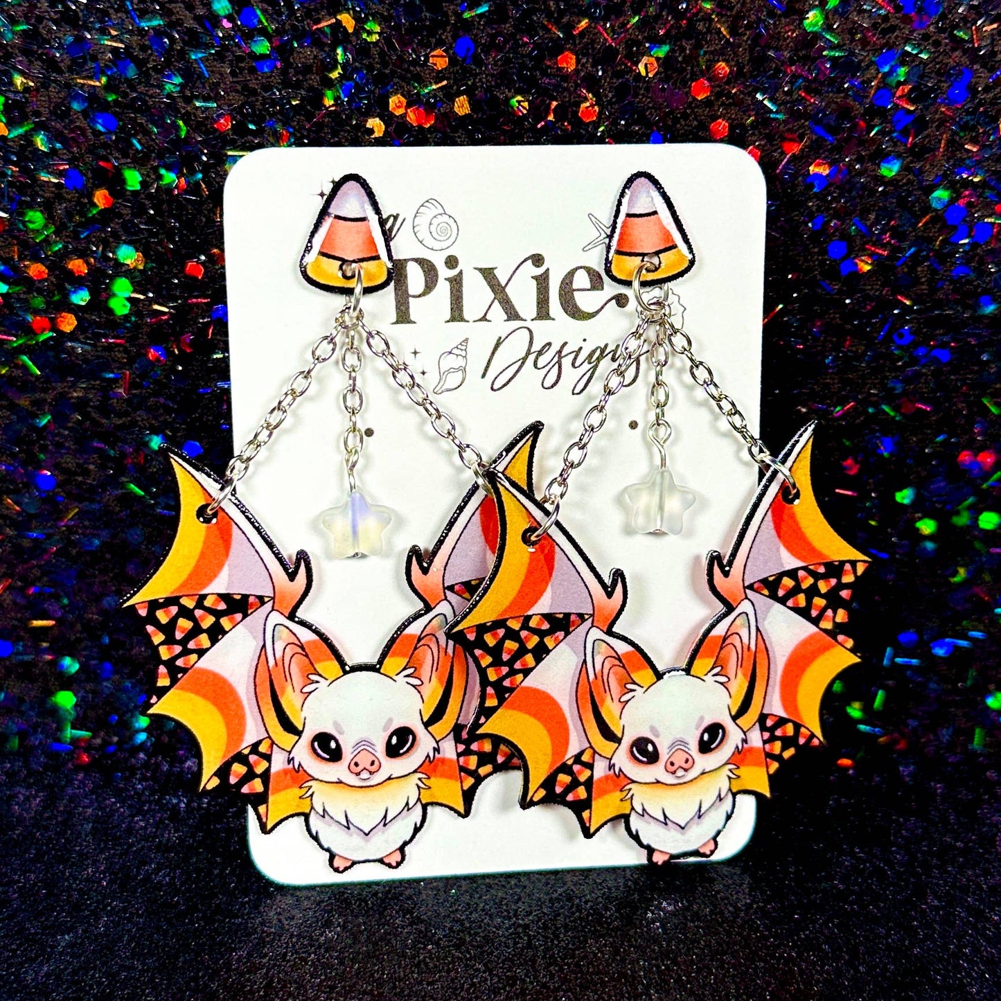 Sea Pixie Designs - Candy Corn Bats Halloween Dangle Earrings, Spooky & Cute
