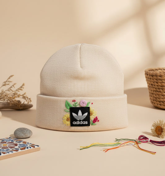 Cream Floral Hand-Embroidered Beanie with Adidas Patch