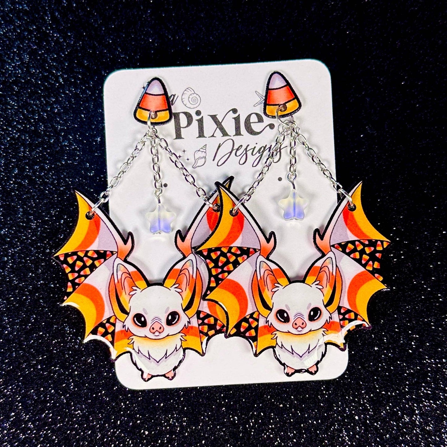 Sea Pixie Designs - Candy Corn Bats Halloween Dangle Earrings, Spooky & Cute