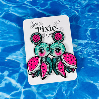 Watermelon Sea Turtle Dangle Earrings, Coastal & Lightweight
