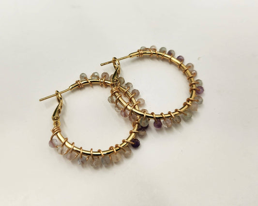 Rainbow Fluorite Faceted 3mm Hoop Earrings-18Kt Gold Overlay: YELLOW GOLD