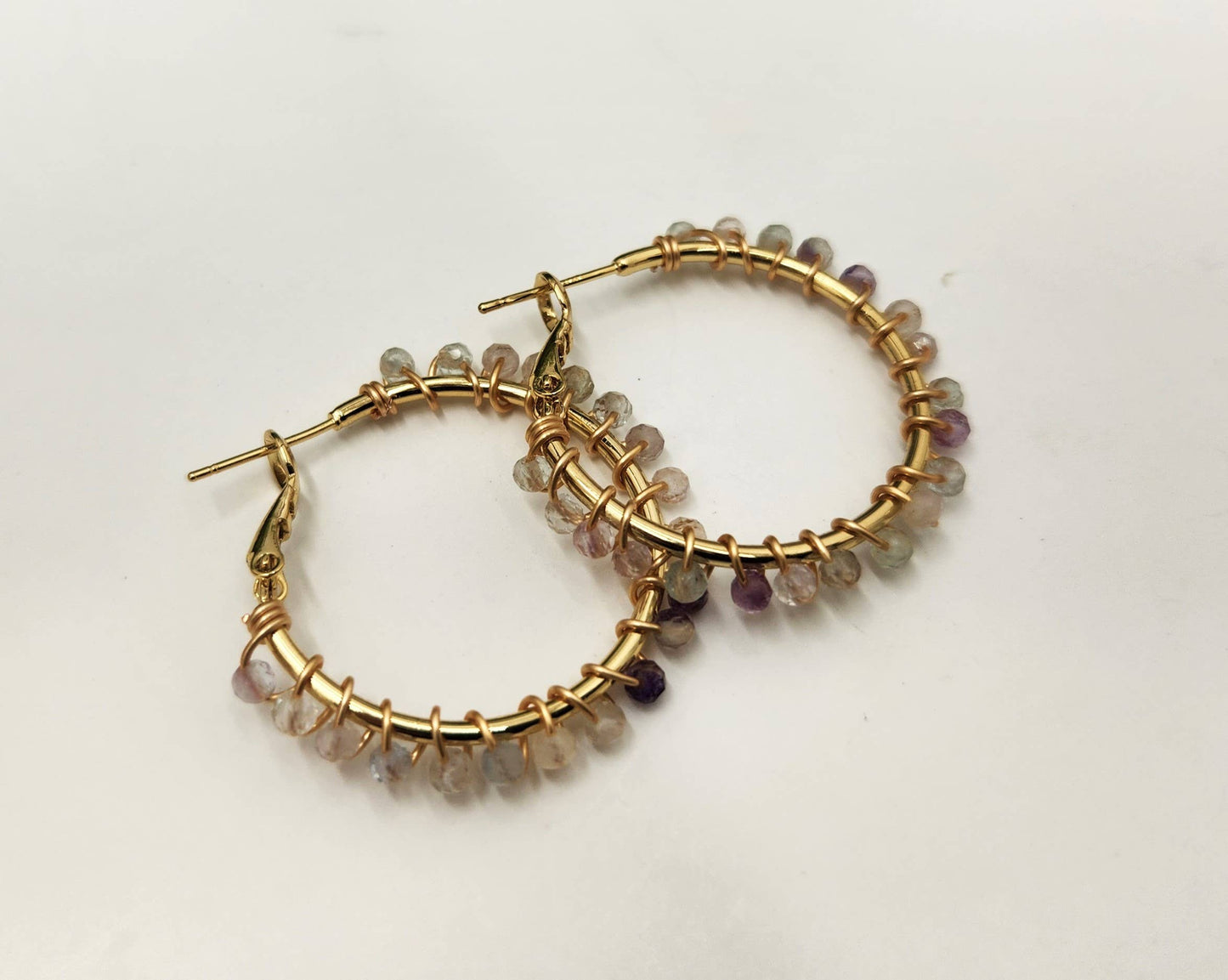 Rainbow Fluorite Faceted 3mm Hoop Earrings-18Kt Gold Overlay: WHITE GOLD