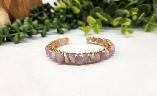 Kunzite Bangle/Cuff/Wire Wrapped Bracelet -18kt.Gold Overlay: WHITE GOLD