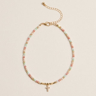 Frem - Dainty Beaded Cross Anklet – Pastel Colors: WT