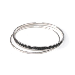 StarryNYC - 2 Pcs Metal Bangle Plain Flat & Glitter Bangle Set Bracelet: Silver/Hematite