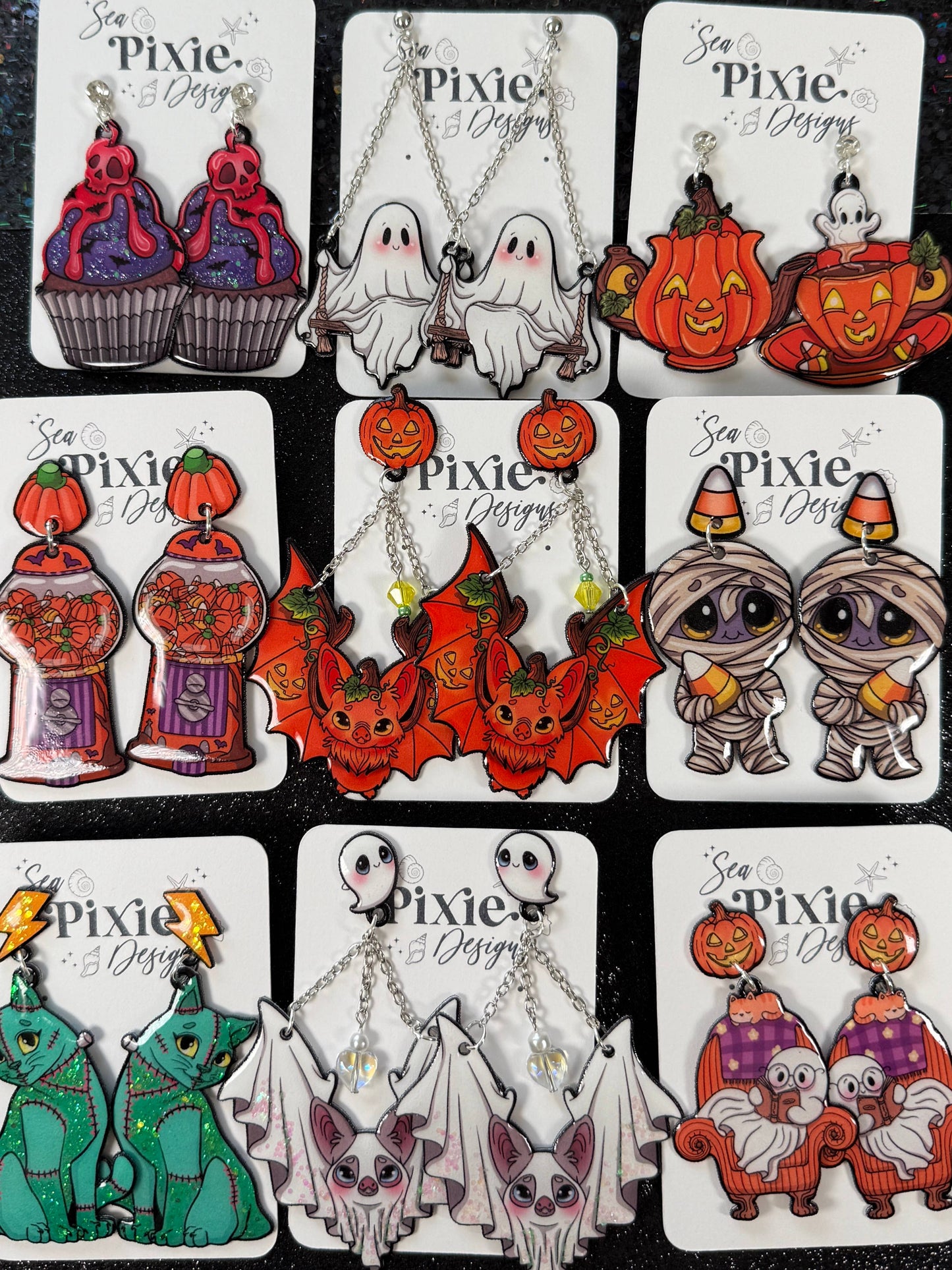 Sea Pixie Designs - Ghost Reading Books Halloween Dangle Earrings, Spooky & Cute