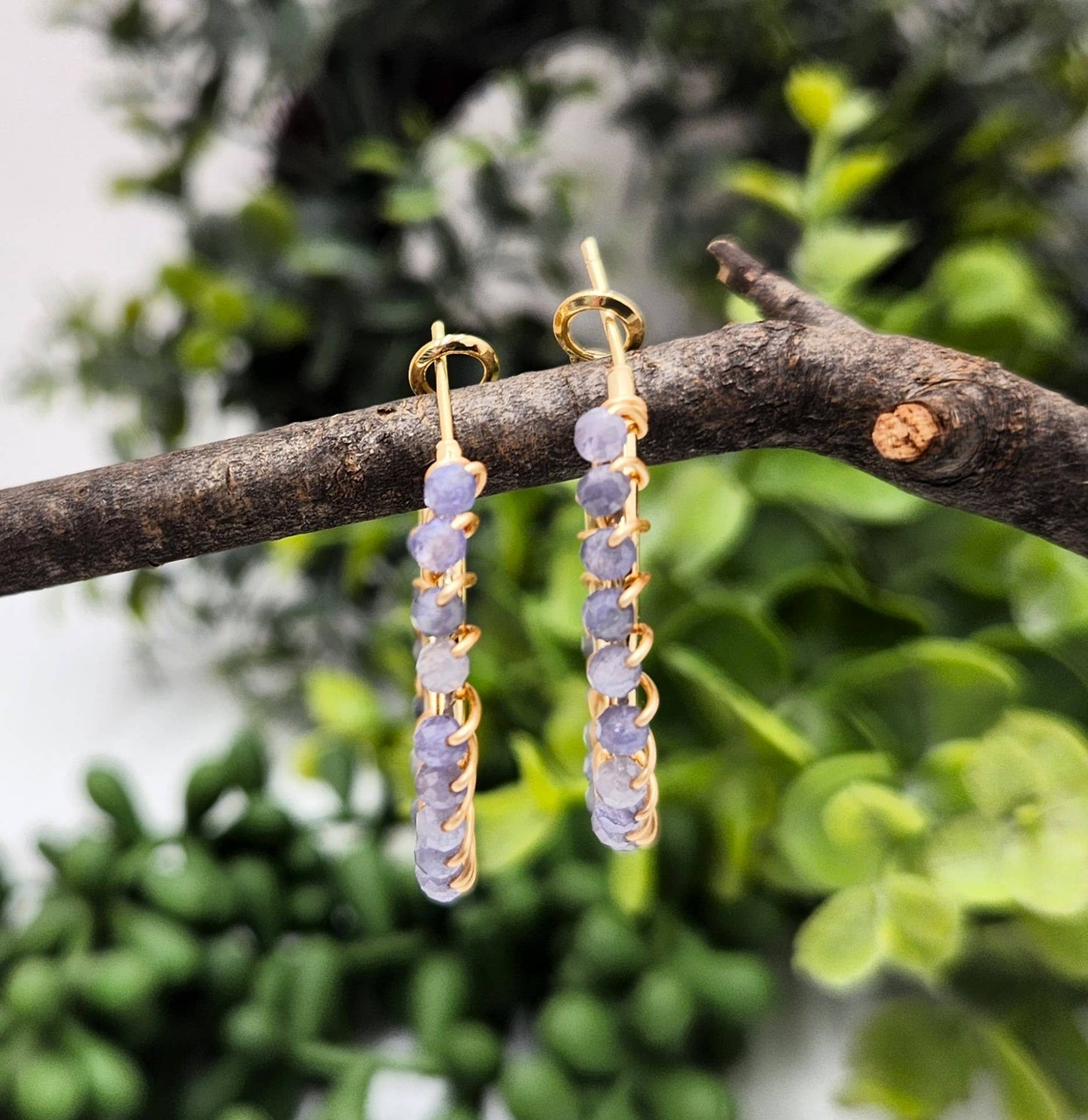 Tanzanite Faceted 3mm Hoop Earrings-18Kt  Gold Overlay: WHITE GOLD
