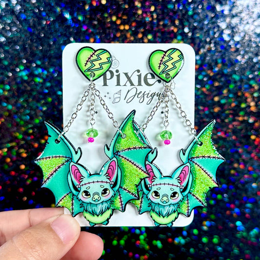 Sea Pixie Designs - Frankenstein Bats Halloween Dangle Earrings, Spooky & Cute
