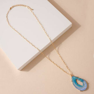 StarryNYC - Resin Teardrop Agate Natural Look Pendant Chain Necklace: Purple