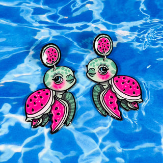 Watermelon Sea Turtle Dangle Earrings, Coastal & Lightweight