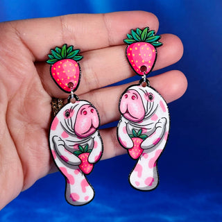 Strawberry Manatee Dangle Earrings, Coastal & Lightweight