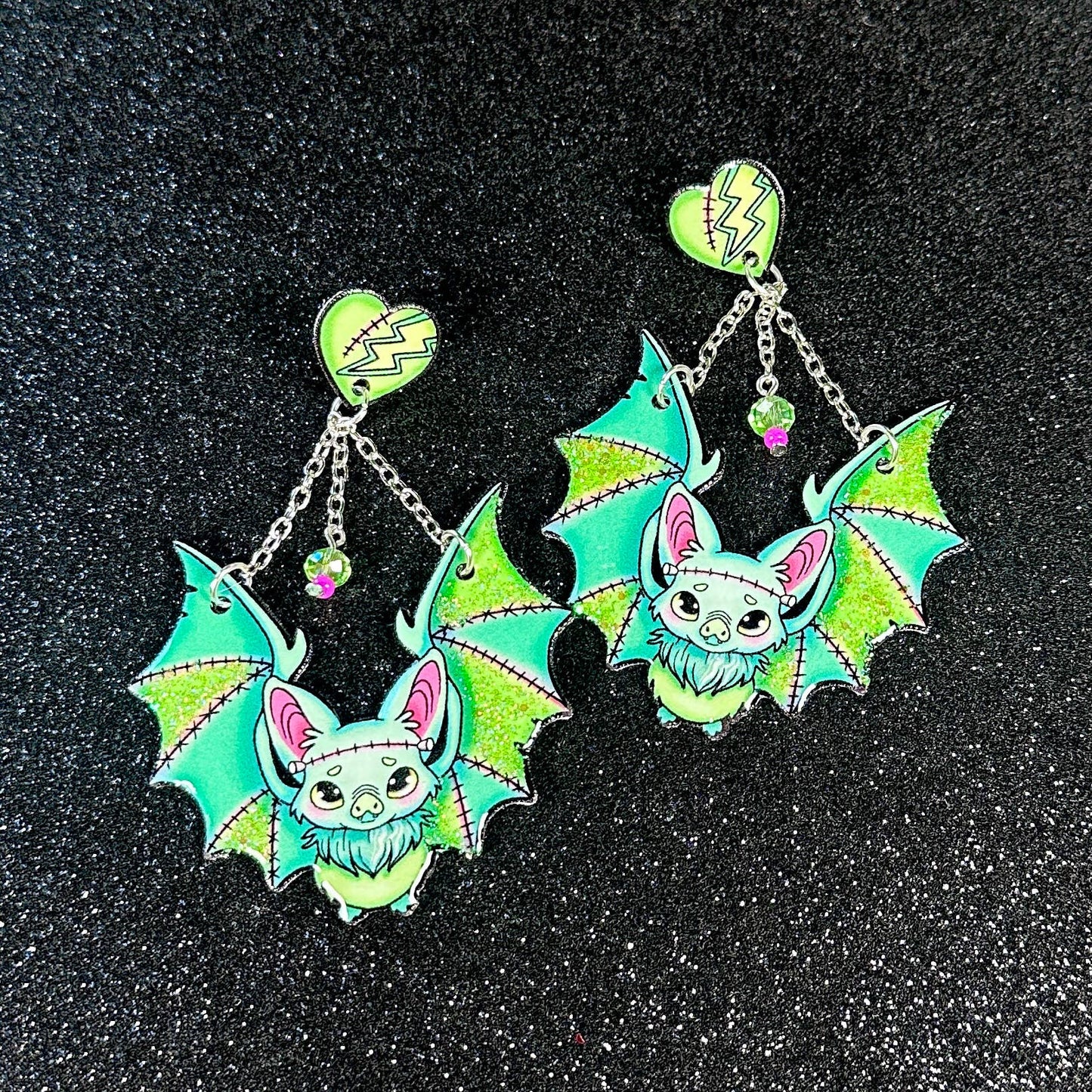 Sea Pixie Designs - Frankenstein Bats Halloween Dangle Earrings, Spooky & Cute