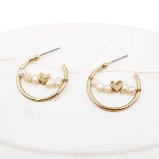 StarryNYC - C Shape Hoop with Fresh water Pearl and Heart Brass Earrings: GOLD