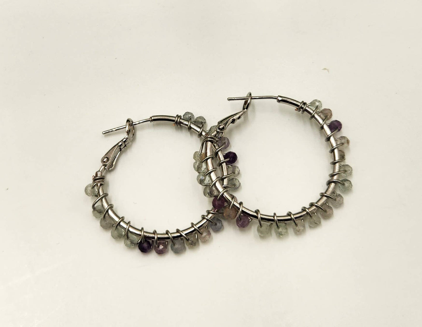 Rainbow Fluorite Faceted 3mm Hoop Earrings-18Kt Gold Overlay: WHITE GOLD