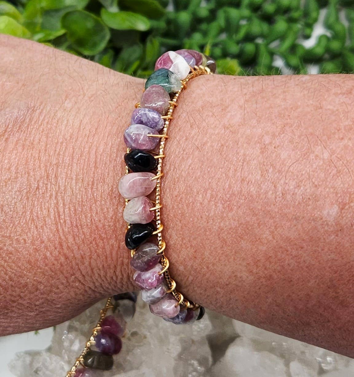 Watermelon Tourmaline Bangle/Cuff Wire Wrapped-18kt Overlay: YELLOW GOLD