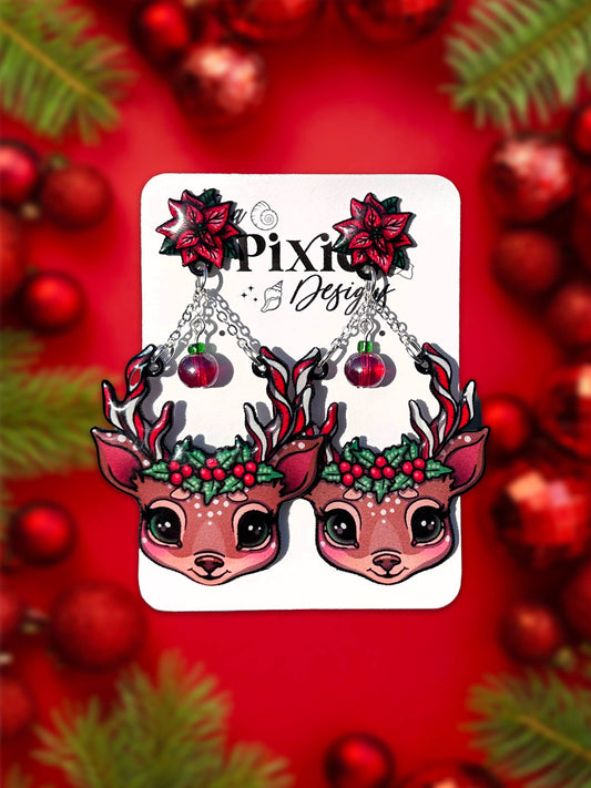 Mistletoe Reindeer Christmas Dangle Earrings