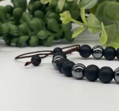 Black Obsidian-Matte and Hematite Adjustable Bracelet 8mm