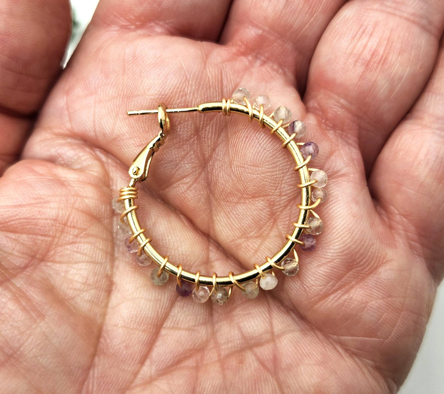 Rainbow Fluorite Faceted 3mm Hoop Earrings-18Kt Gold Overlay: WHITE GOLD