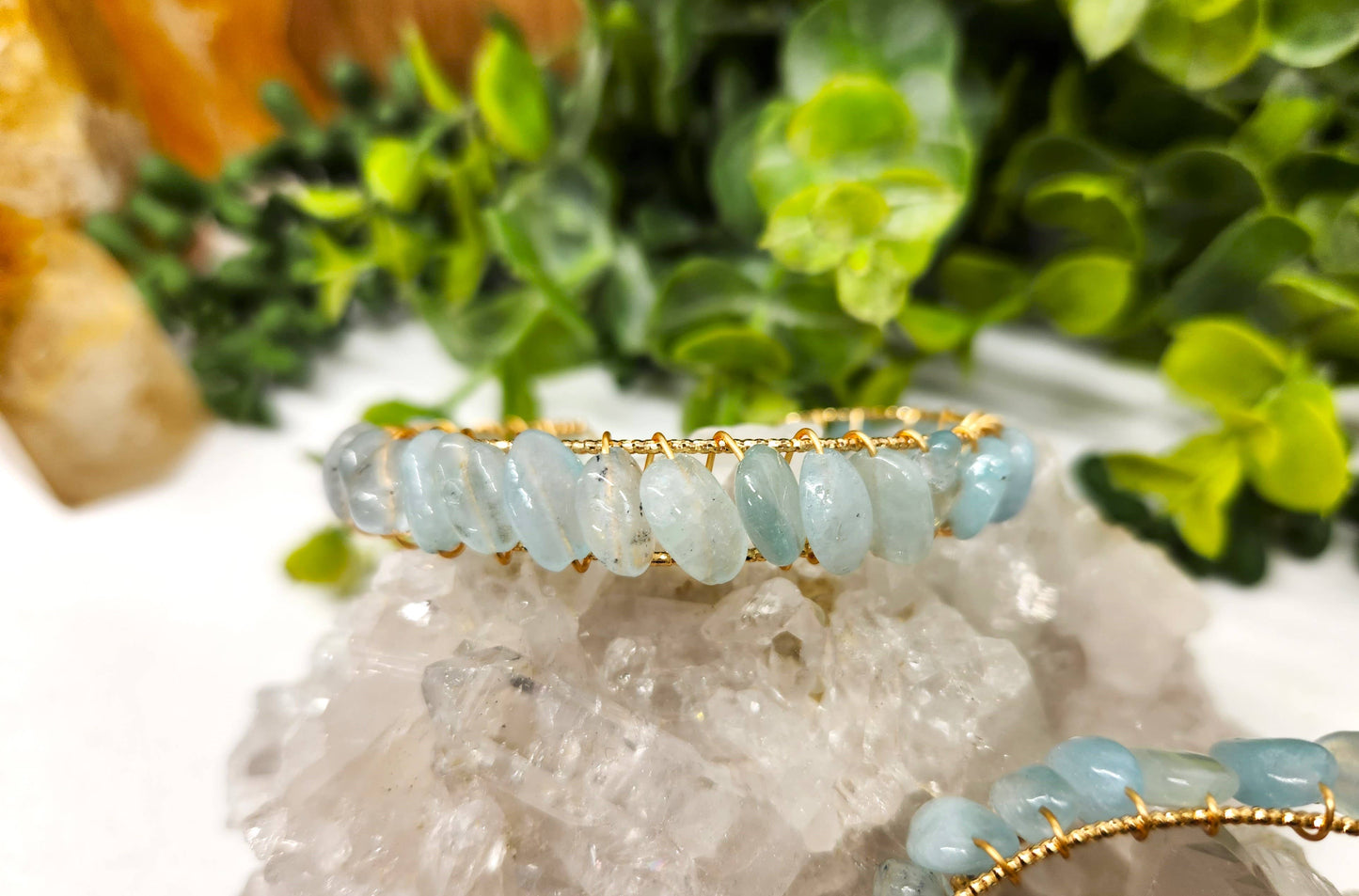 Aquamarine Bangle/Cuff Wire Wrapped  -18kt. Gold Overlay: WHITE GOLD