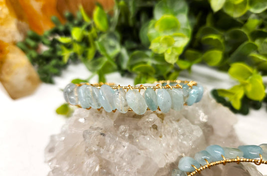Aquamarine Bangle/Cuff Wire Wrapped  -18kt. Gold Overlay: WHITE GOLD