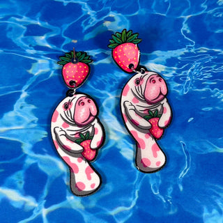 Strawberry Manatee Dangle Earrings, Coastal & Lightweight