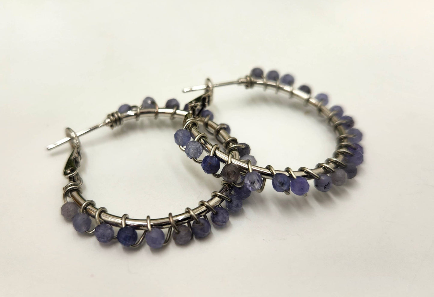 Tanzanite Faceted 3mm Hoop Earrings-18Kt  Gold Overlay: WHITE GOLD