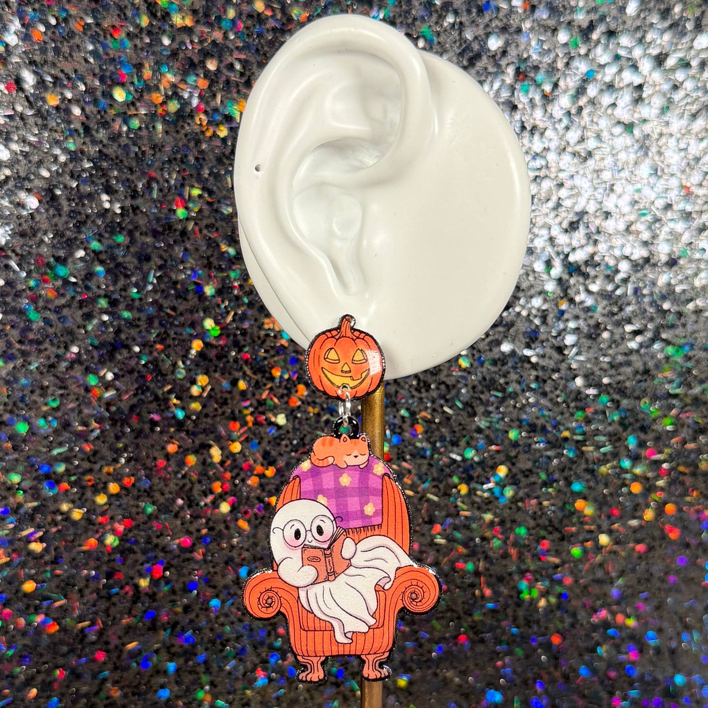 Sea Pixie Designs - Ghost Reading Books Halloween Dangle Earrings, Spooky & Cute