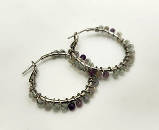 Rainbow Fluorite Faceted 3mm Hoop Earrings-18Kt Gold Overlay: WHITE GOLD