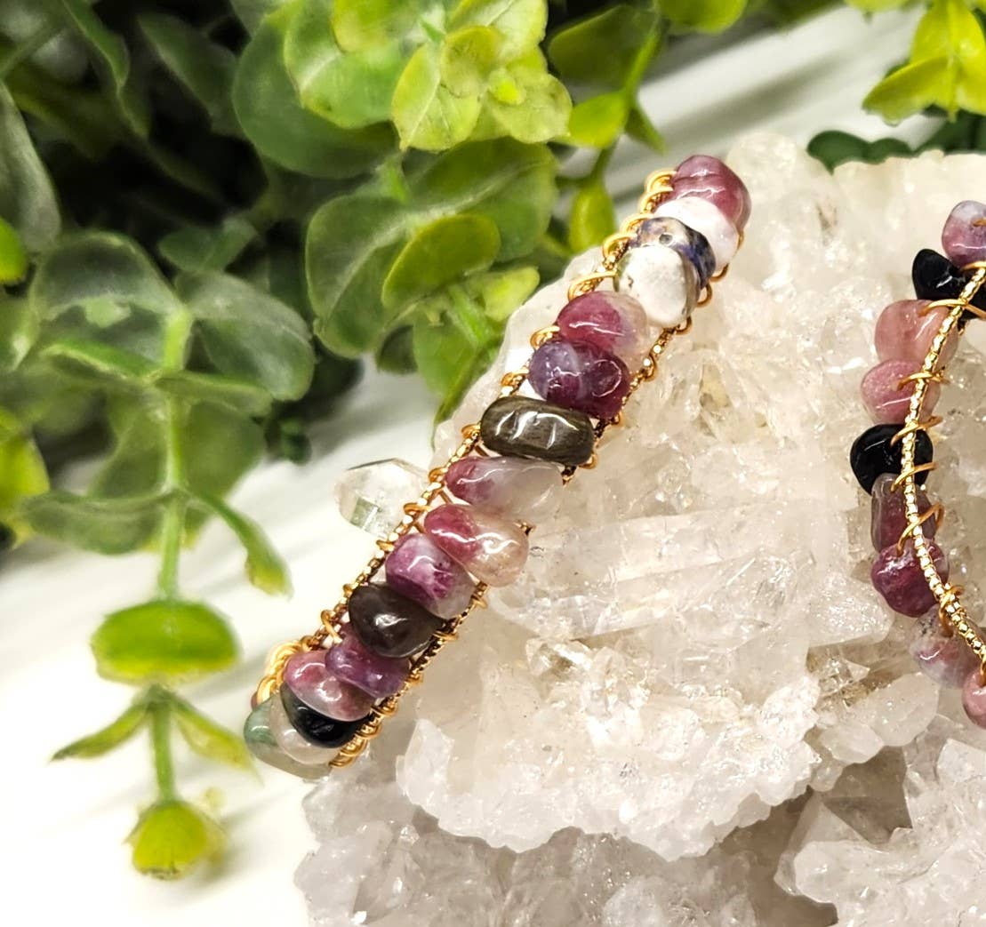 Watermelon Tourmaline Bangle/Cuff Wire Wrapped-18kt Overlay: YELLOW GOLD