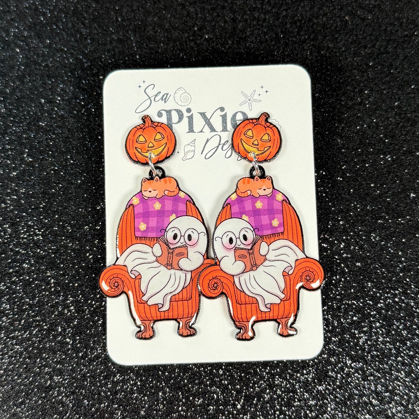 Sea Pixie Designs - Ghost Reading Books Halloween Dangle Earrings, Spooky & Cute