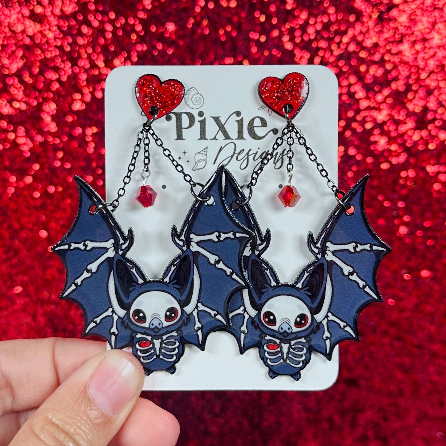 Sea Pixie Designs - Skeleton Heart Bats Halloween Dangle Earrings, Spooky & Cute