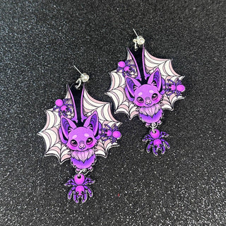 Spider Web Bats Halloween Dangle Earrings, Spooky & Cute