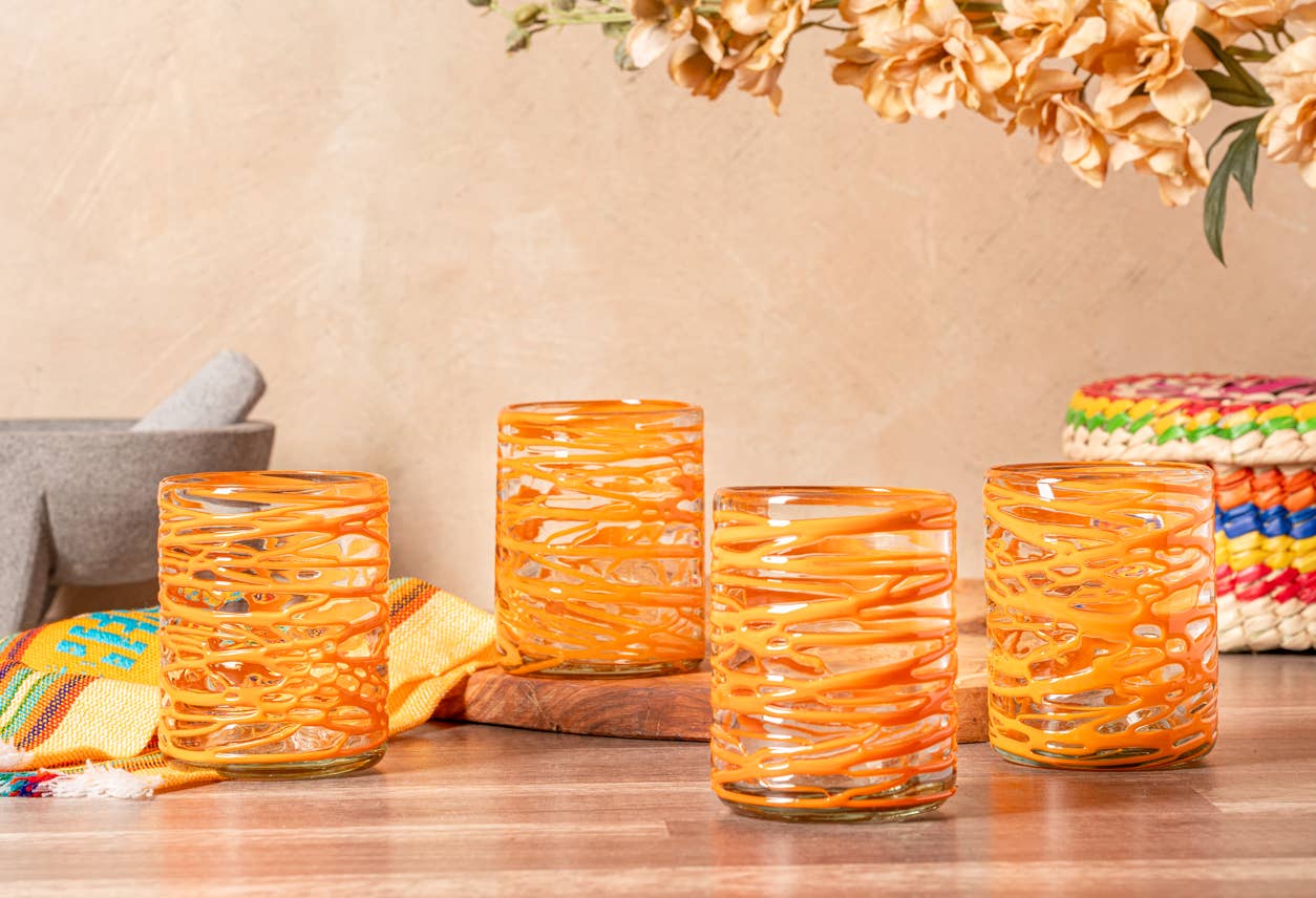 Mexican Handblown Glasses - Orange Swirl