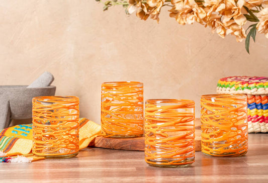 Mexican Handblown Glasses - Orange Swirl