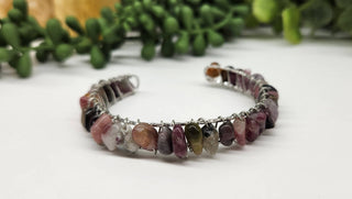 Watermelon Tourmaline Bangle/Cuff Wire Wrapped-18kt Overlay: YELLOW GOLD