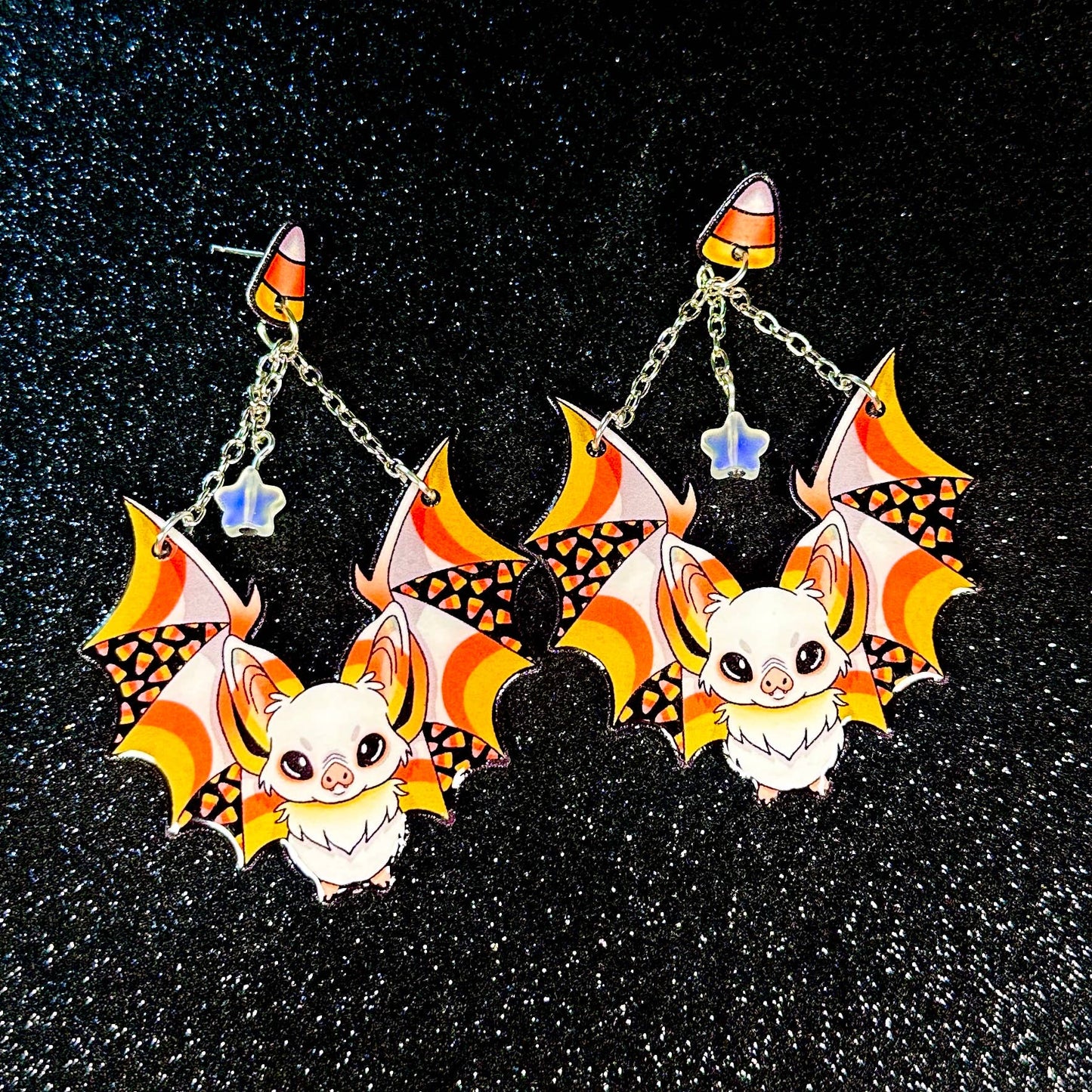 Sea Pixie Designs - Candy Corn Bats Halloween Dangle Earrings, Spooky & Cute