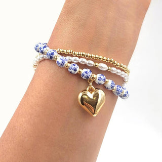 StarryNYC - 3 Line Bracelet Puffy Heart Charm Murano Glass Pearl & CCB : Blue