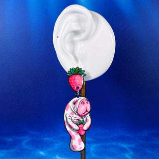 Strawberry Manatee Dangle Earrings, Coastal & Lightweight