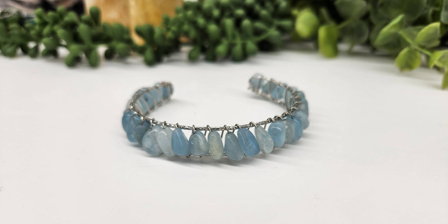 Aquamarine Bangle/Cuff Wire Wrapped  -18kt. Gold Overlay: WHITE GOLD